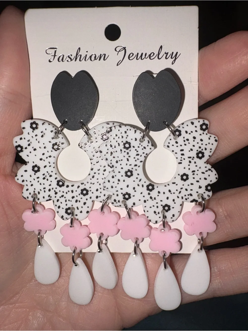 Fashion Jewelry Black, White & Pink Floral Dangle Earrings